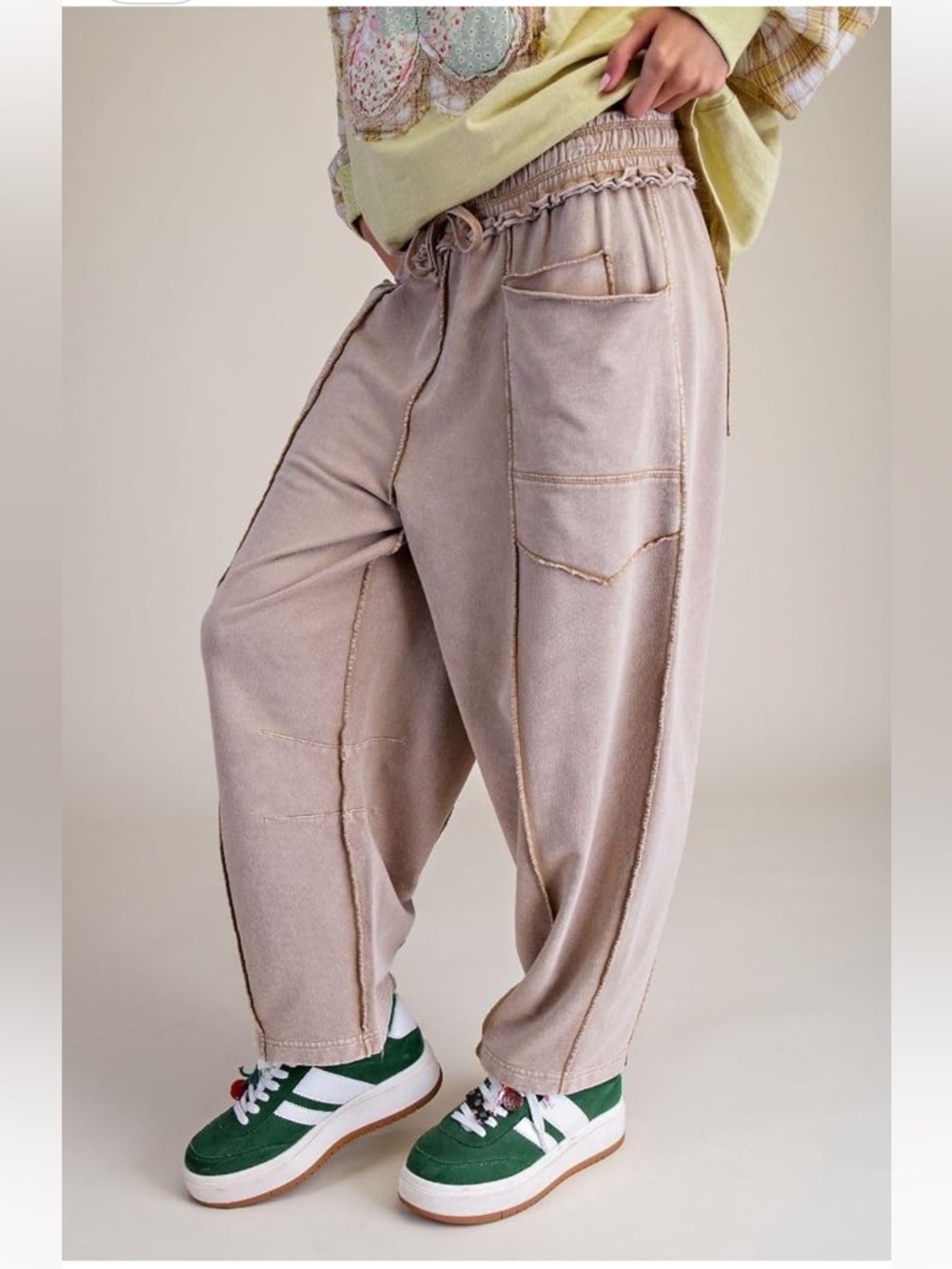 Easel Eryn Mineral Washed Terry Knit Barrel Leg Pants size small baked potato - Picture 3 of 4